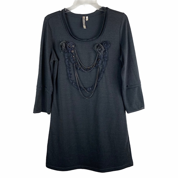MONORENO Black Dress Embellishe Chain &  Rosettes - Picture 1 of 8